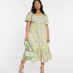 Plus Size Floral Print V-neck Tiered Midi Dress for Women