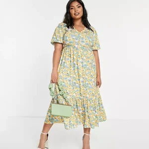 Plus Size Floral Print V-neck Tiered Midi Dress for Women