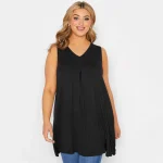 Plus Size V-neck Sleeveless Swing Tunic Pleated Detail Top