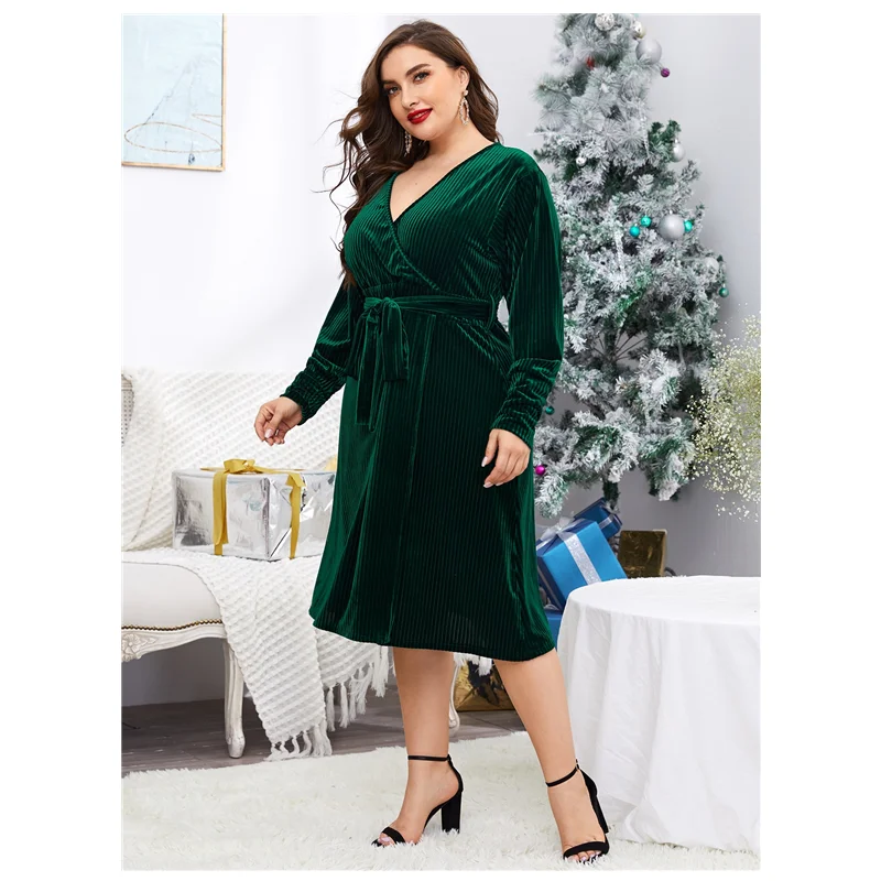 Plus Size Long Sleeve Velvet Wrap Dress with Tie Waist - Image 3