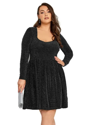 Plus Size Long Sleeve Black Silver Glitter Party Dress