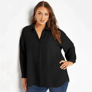 Plus Size Long Sleeve Button Front Loose Blouse Shirt