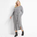 Plus Size Long Sleeve Ribbed Knit Midi Dress with Tie Waist