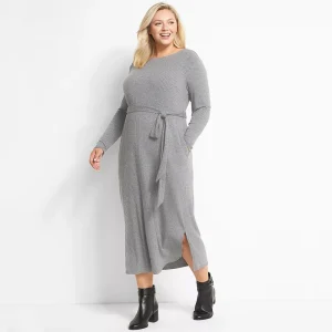 Plus Size Long Sleeve Ribbed Knit Midi Dress with Tie Waist