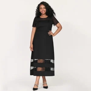 Plus Size Short Sleeve Mesh Panel Fit and Flare Dress