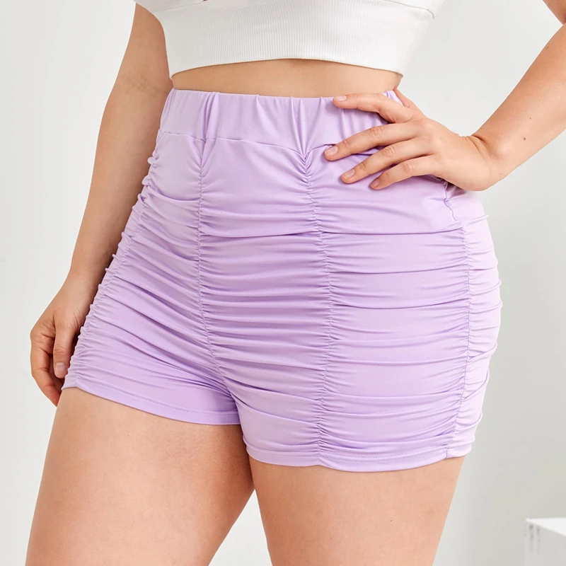 Plus Size High Waist Ruched Purple Biker Shorts for Women - Image 3