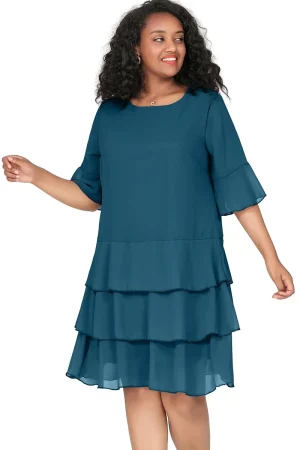 Plus Size 3/4 Sleeve Summer Cocktail Chiffon Tiered Dress