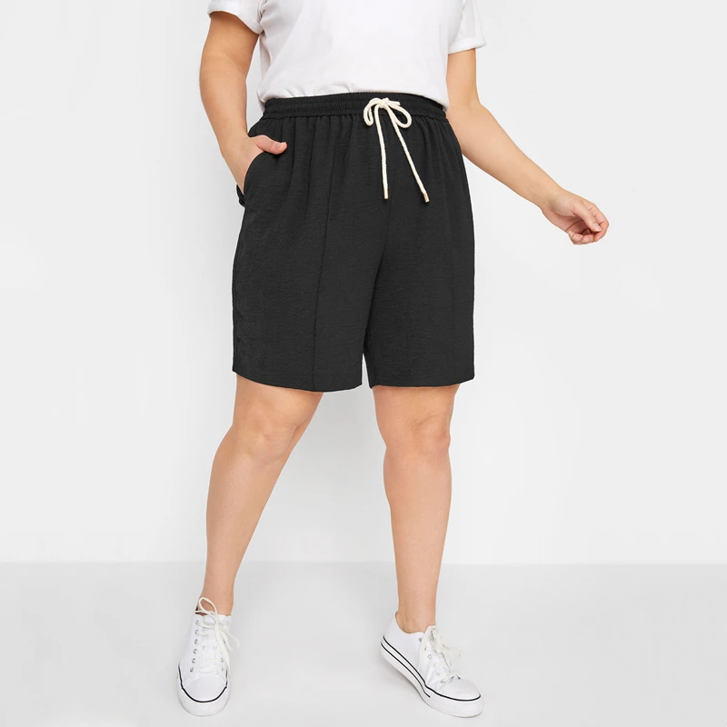 Plus Size Elastic Drawstring Waist Casual Sports Shorts
