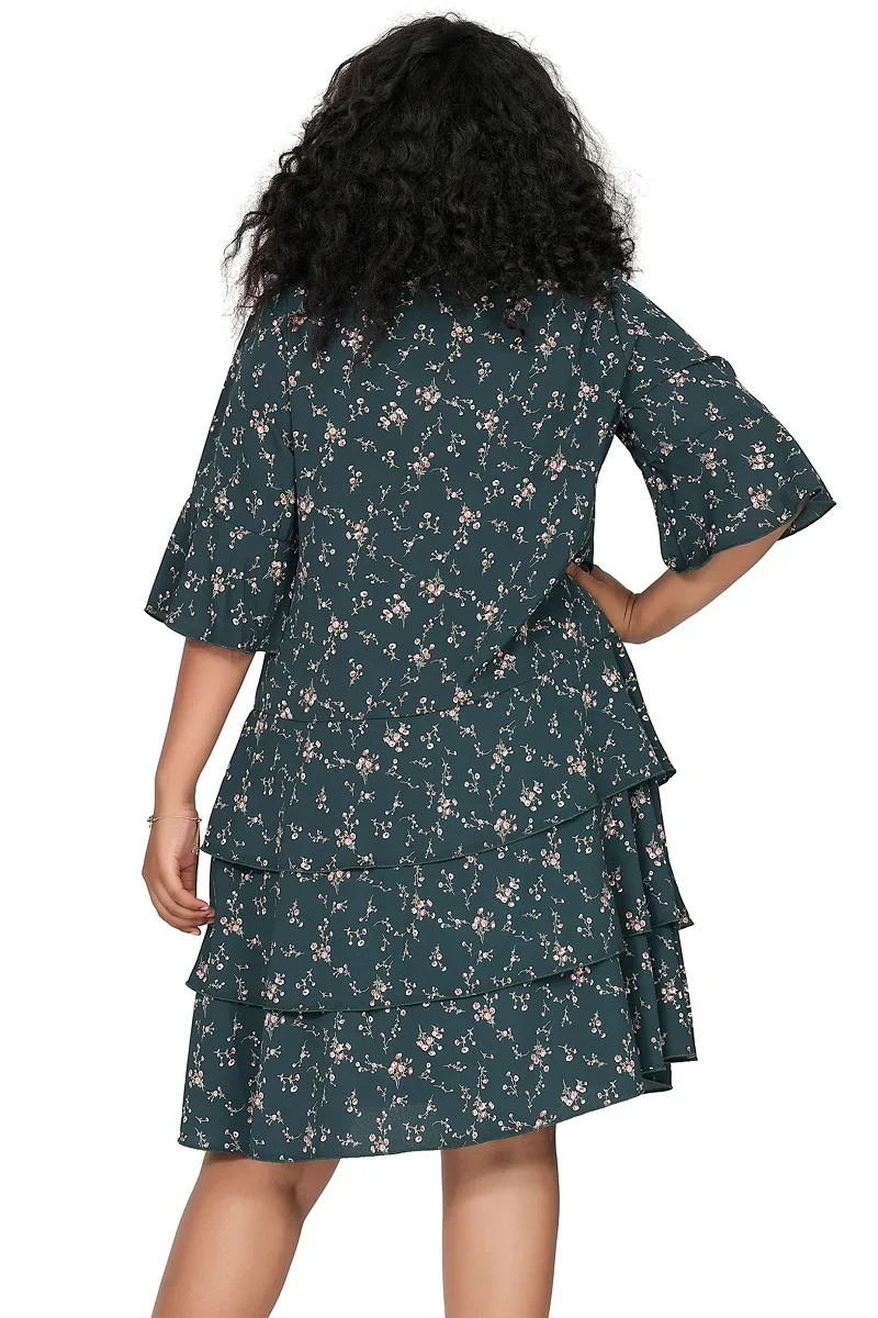 Plus Size 3/4 Sleeve Floral Print Boho A-line Dress - Image 2