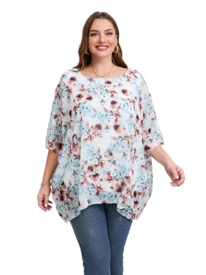 Plus Size Elegant Summer Chiffon Batwing Sleeve Tunic Blouse