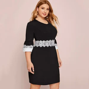 Plus Size Elegant 3/4 Sleeve Lace Panel Party Dress