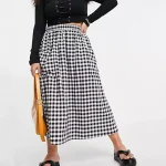 Plus Size Elastic Waist Black and White Gingham Midi Skirt