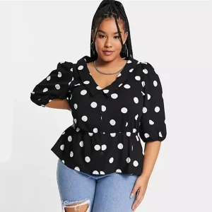 Plus Size V-neck Polka Dot Peplum Blouse for Women