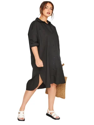 Plus Size Long Sleeve Button Front Hi-Lo Shirt Dress