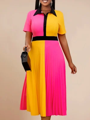 Modest A-Line Color Block Church Dress for Women