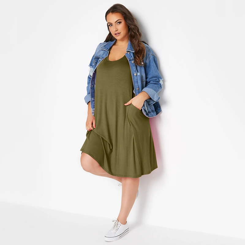 Plus Size Sleeveless Elegant Tank Dress with Drape Pockets - Image 3
