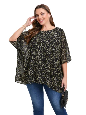 Plus Size Summer Batwing Sleeve Chiffon Tunic Blouse