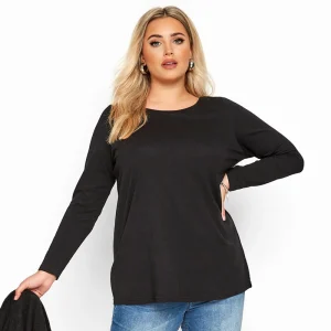 Plus Size Long Sleeve Solid Black Cotton T-shirt for Women