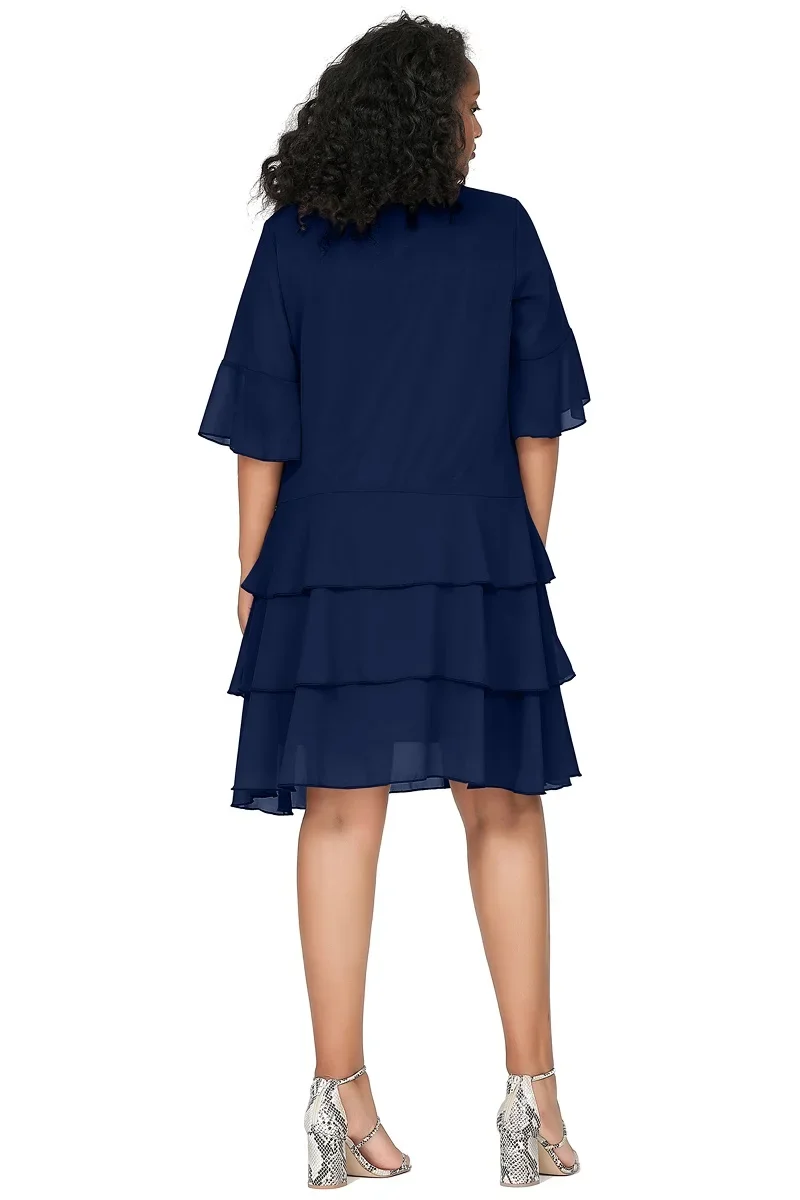 Plus Size 3/4 Sleeve Chiffon Cocktail A-line Ruffle Dress - Image 4