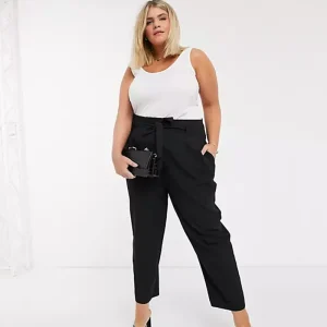 Plus Size Tie Waist Black Tapered Ankle Work Pants
