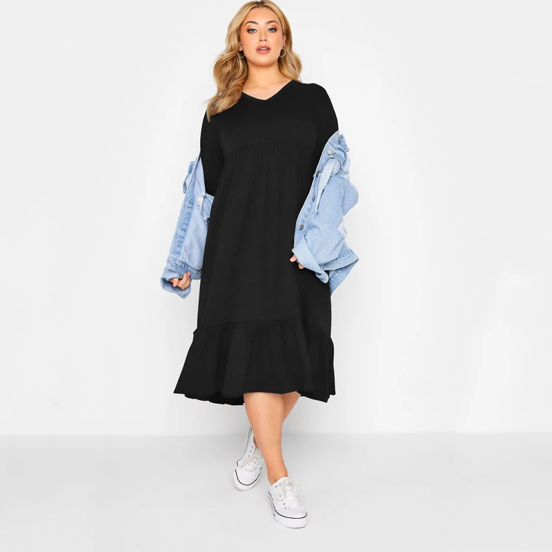Plus Size Elegant Spring Autumn Smock V-neck Midi Dress - Image 3