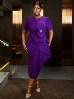 Elegant Purple V Neck Ruffle Trim Party Dress