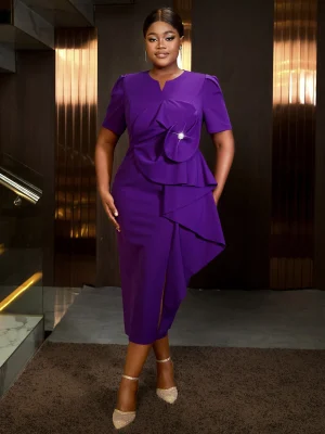 Elegant Purple V Neck Ruffle Trim Party Dress