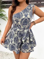Plus Size One-Shoulder Boho Printed Belted Romper