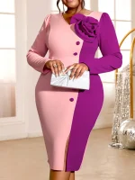 Elegant V-Neck Patchwork Sheath Dress – Color Block, 3D Flowers, Side Slit