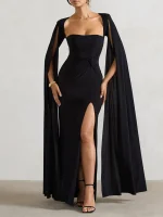 Elegant Black Long Sleeve Split Maxi Dress