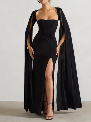 Elegant Black Long Sleeve Split Maxi Dress