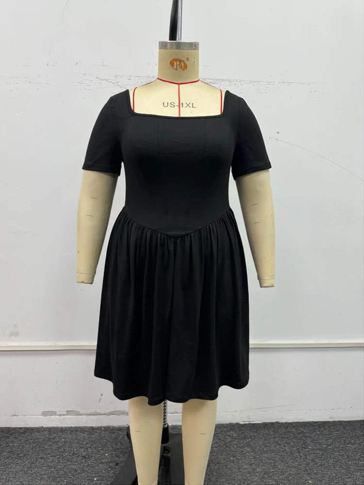 Plus Size Square Neck Black Mini Dress – Summer A-Line Casual Slim Fit - Image 6