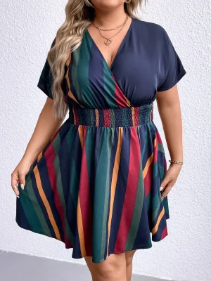 Plus Size Wrap V-Neck Color Block Dress – Short Sleeve, Elastic Waist