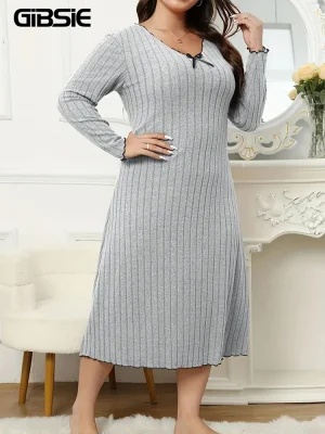 GIBSIE Plus Size V-Neck Rib-Knit Dress with Bow