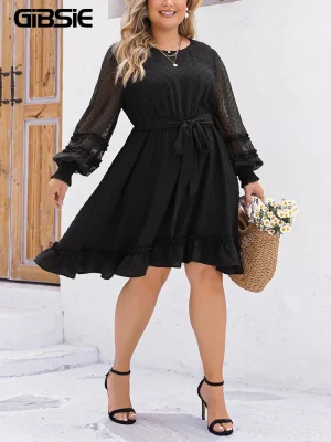 Plus Size Swiss Dot Belted O-Neck Dress