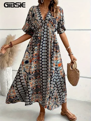 Plus-Size Paisley V-Neck Boho Maxi Dress