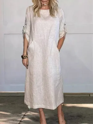 Casual Long A-Line Women’s Dress with Pockets – Office Puff Sleeve