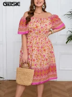 Plus Size Off-Shoulder Floral Boho Dress – Summer Beach Vacation Style