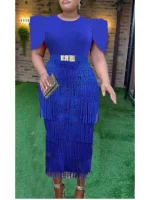 Blue Tassel Bodycon Party Dress – Fringe & Flare Sleeves