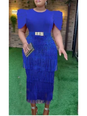 Blue Tassel Bodycon Party Dress – Fringe & Flare Sleeves