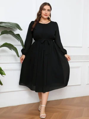 Plus Size Lantern Sleeve Belted A-Line Dress