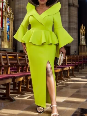 Women’s V-Neck Peplum Dress with Flare Sleeves & High Slit – Party & Wedding Gown