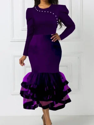 Purple Mermaid Mesh Dress with Beaded Long Sleeves – Winter Wedding & Party Gown for Women