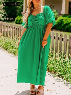 Plus Size Sweetheart Neck Puff Sleeve A-Line Maxi Dress