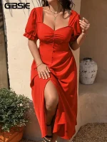 Plus-Size Sweetheart Neck Puff Sleeve A-Line Dress