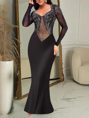 Sexy Mesh Rhinestone Evening Gown – Elegant Diamond Dinner Dress