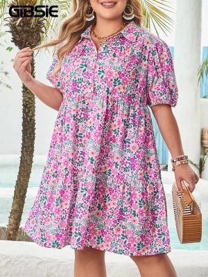 Plus Size Floral Puff Sleeve Midi Shirt Dress