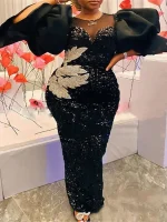 Clearance Puff Sleeve Floral Mesh Maxi Dress