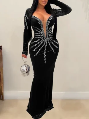 Elegant Velvet Diamond Mermaid Evening Gown