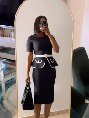 Elegant O-Neck Bodycon Church Dress Short Sleeves Modest Office Work Wear round Neck Professional Female African Ladies Dress
